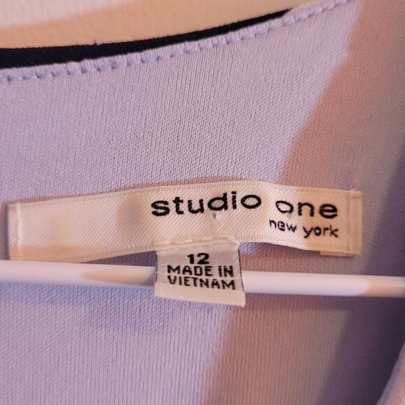 Studio One NY Blue Striped Midi Dress Sz 12 Modest Officewear Church Minimalist - Picture 5 of 9